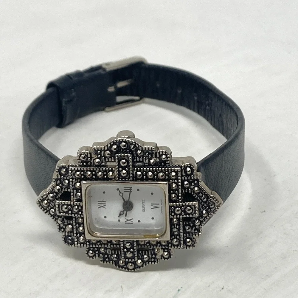 Vintage Avon Marcasite Tank Watch Women Silver Tone Black Leather New Battery 8